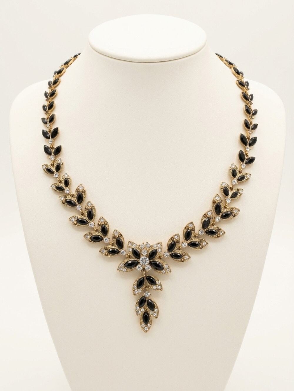 Vintage 1960s Black Enamel Leaf Rhinestone Drop Necklace 16”